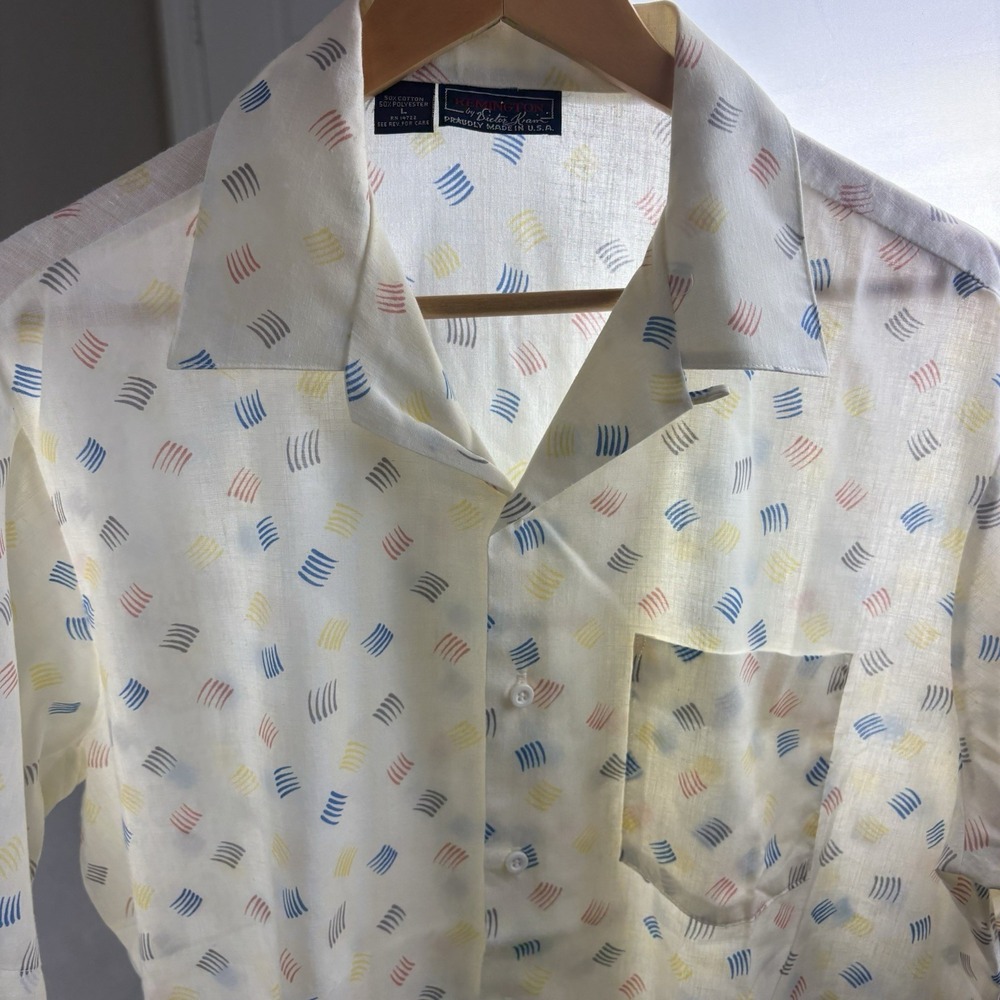 Vintage Loop Collar Camp Shirt Mens Large White Short Sleeve 5050 Paper Thin 80s